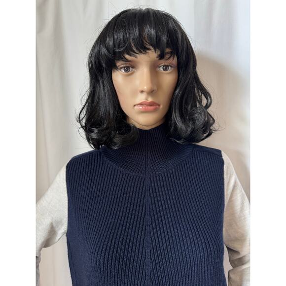 Karen Millen Mock Neck Wool Blend Sweater navy gray sleeves small - Picture 3 of 13